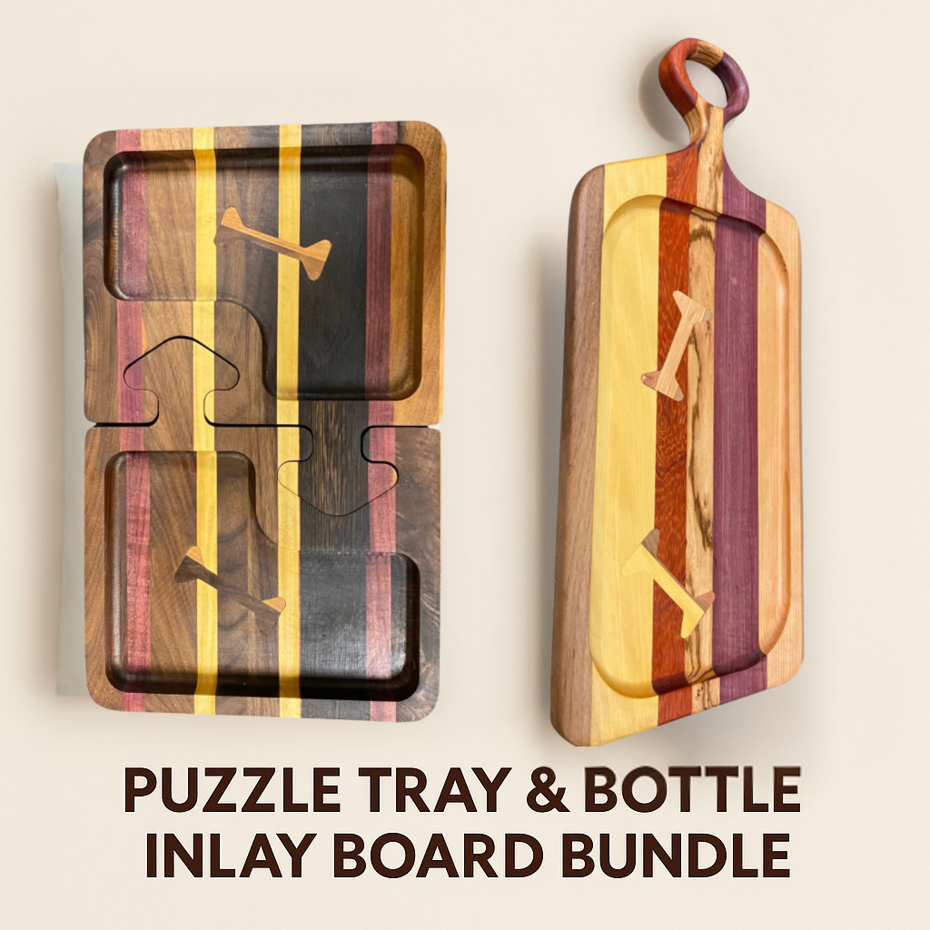Luxury Host Set – Puzzle Tray + Bottle Inlay Serving Board (Handcrafted Exotic Wood Bundle)