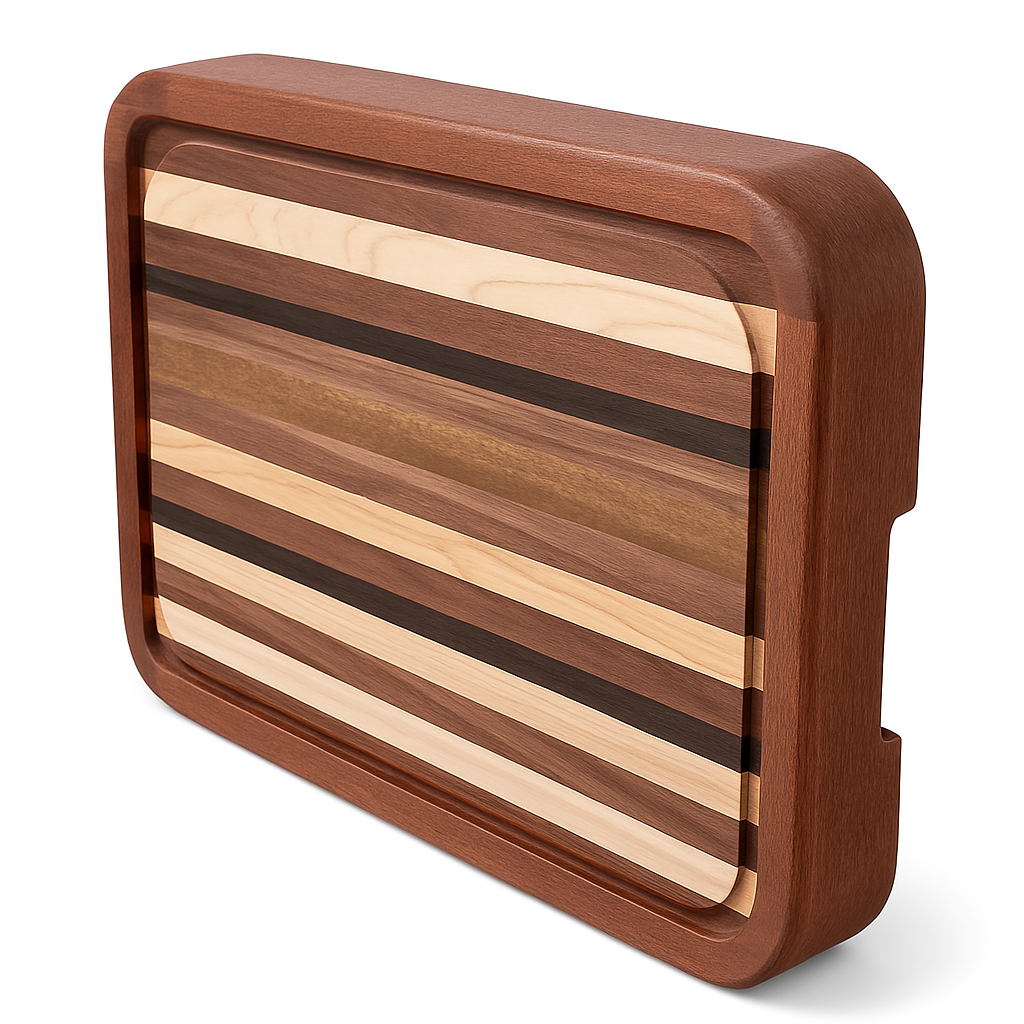 Exotic Hardwood Chef’s Cutting Board – Framed Drip-Edge Edition