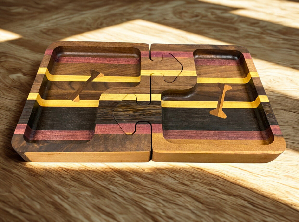 Luxury Host Set – Puzzle Tray + Bottle Inlay Serving Board (Handcrafted Exotic Wood Bundle)